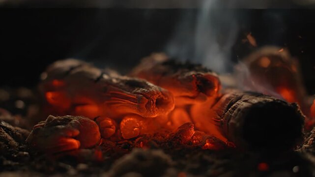 Glowing charcoals and ember fire closeup