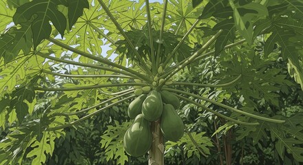 A close-up view of a papaya tree with unripe green papayas hanging from its branches, surrounded by lush green leaves.