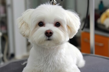 Grooming session of a Maltese dog featuring a fluffy white coat in a modern grooming salon focused on creating a neat and tidy appearance