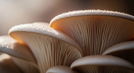Macro detail of fresh oyster mushroom gills with delicate water droplets, showcasing nature's intricate organic patterns