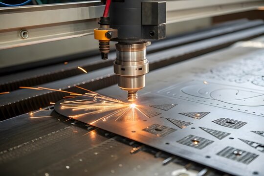 Close up of industrial laser cutting machine with sparks and metal sheet detail showing designs