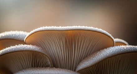 A detailed macro photograph of a cluster of fresh oyster mushrooms adorned with sparkling morning dew, highlighting their intricate fan-like gills