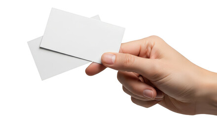 Obraz premium Hand holding blank white business cards isolated on transparent background
