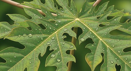 Close-up of a green leaf with water droplets on its surface.