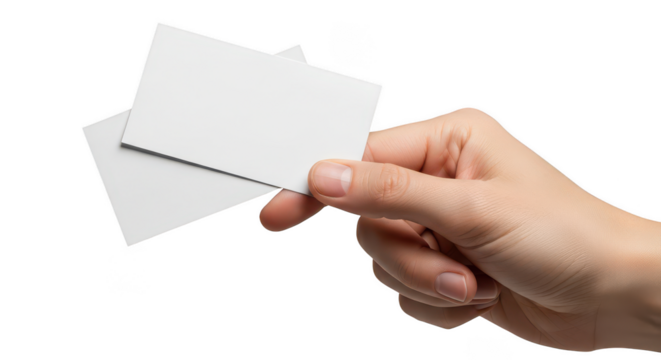 Hand holding blank white business cards isolated on transparent background - Powered by Adobe
