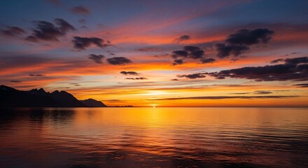 A breathtaking ocean sunset with a vibrant sky of orange and purple clouds reflecting on the calm water
