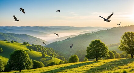 A flock of birds soars over a serene landscape of rolling green hills and misty valleys during a golden sunrise