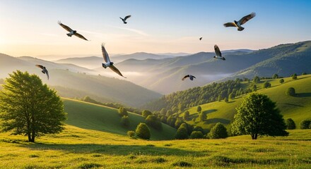 Flock of majestic birds soaring over a misty green mountain valley during a serene and beautiful sunrise