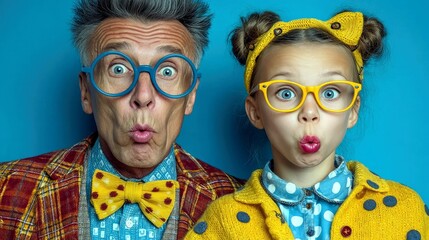 An elderly man and a young girl with exaggerated expressions and colorful glasses create a humorous and surprising visual.