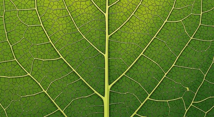 A detailed macro photograph of a vibrant green leaf, showcasing its intricate network of veins and cellular structure.
