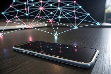 Smartphone on a dark surface with a network visualization overlayed above it and on the screen