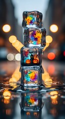 Obraz premium Stacked ice cubes with halloween and rainbow designs on a wet surface with blurred lights behind