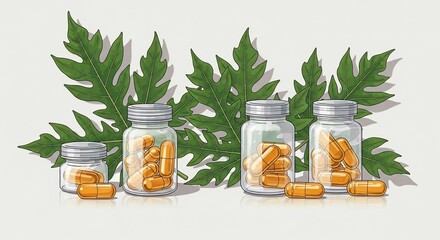 Illustration of several glass bottles filled with orange capsules, with large green leaves in the background.