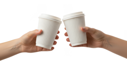 Two hands holding white disposable coffee cups toasting isolated on transparent background