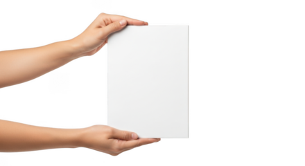 Hands holding a blank white rectangular card isolated on transparent background