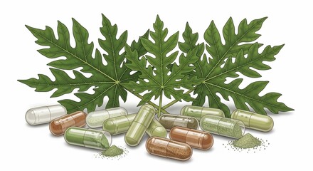 Close-up of papaya leaves with capsules and powder, showcasing health and wellness concepts.