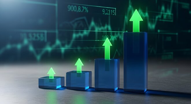 Ascending bar graph with green arrows against a financial chart background illustration