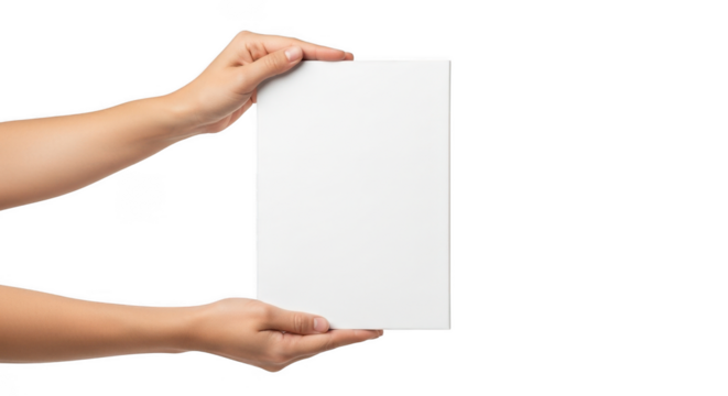 Hands holding a blank white rectangular card isolated on transparent background