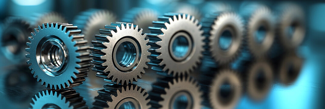 Close-up view of shiny metal gears arranged in line Generative AI