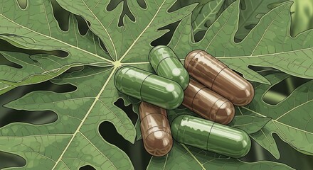 A close-up of green and brown herbal supplement capsules resting on a large papaya leaf.