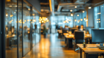 Modern office interior with blurred background showing staff working in professional environment