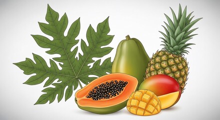 A vibrant illustration of tropical fruits including whole and sliced papaya, pineapple, and mango, alongside a large green papaya leaf.