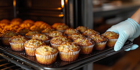 Baking muffins in a kitchen with gloves for safety Generative AI