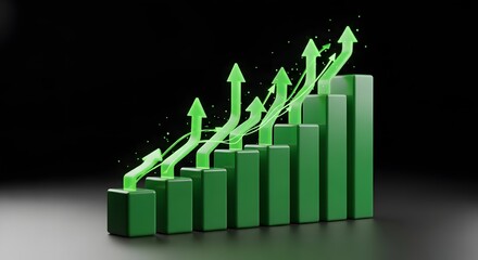 Green bar chart with upward arrows indicating growth on a black background illustration rendering