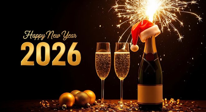 Sparkling new year s eve celebration with champagne glasses and a santa hat on a bottle for 2026