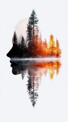 A silhouette of a human profile merges with a forest scene, featuring trees, mist, and a reflection on water.