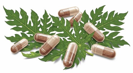 Herbal supplement capsules filled with brown powder resting on fresh green papaya leaves against a white background.