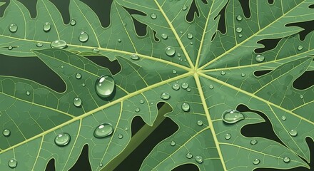 Close-up of a vibrant green papaya leaf covered in glistening water droplets after a rain shower.