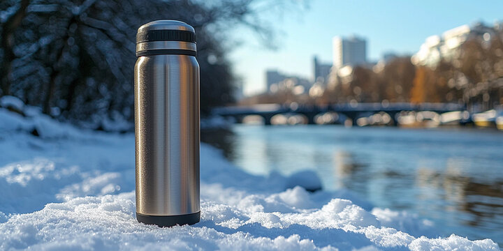 Sleek thermos resting on snow near a tranquil riverbank Generative AI