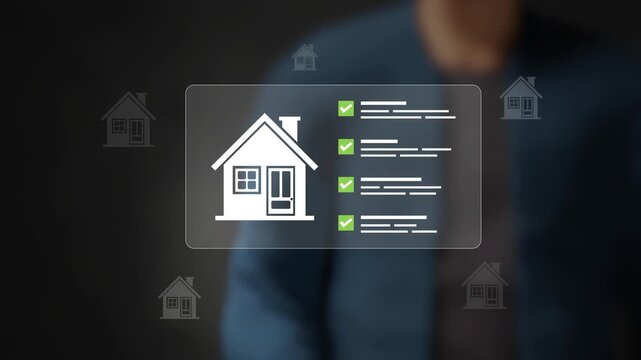 Real estate management, Professional touching property checklist on virtual screen. Investment strategies, housing insurance, commercial enterprises, real estate opportunities. 4K 3D video animation