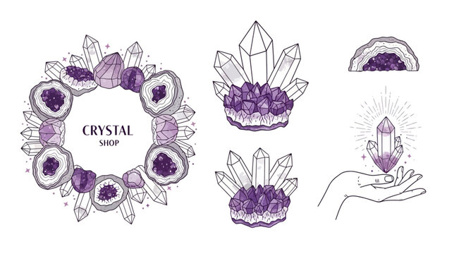 Elegant Crystal Healing Vector Elements, geode wreath and crystal cluster for metaphysical branding