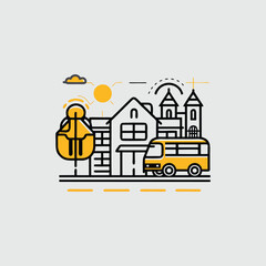 Naklejka premium A stylized illustration of a yellow school bus parked in front of buildings with a backpack and sun in the background.