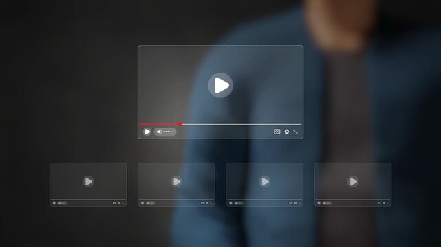 E-learning platform for online education, virtual classes, skill development, digital courses, training programs, webinar and remote learning success. Person touching video on virtual screen. 3D video