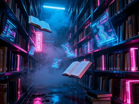 Enchanting Digital Library with Floating Books and Neon Glow