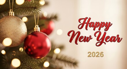 Festive red and gold christmas ornaments adorn a twinkling tree with happy new year 2025 greeting