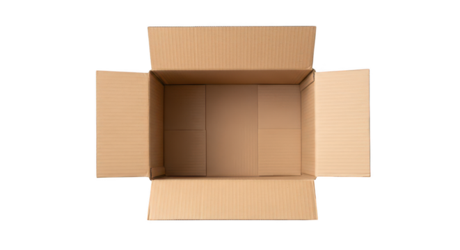 Open cardboard box viewed from above isolated on transparent background