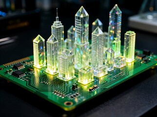 Futuristic Crystal Cityscape Built on a Green Circuit Board Glowing With Green Light