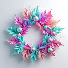 Colorful geometric Christmas wreath with abstract leaves and ornaments.