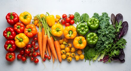 Colorful vegetables fresh produce assortment bell peppers carrots tomatoes spinach kale for healthy eating