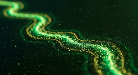 Obraz premium Waving stream of glowing green and gold glitter particles flowing diagonally across a dark backdrop. Abstract energy flow and magic dust concept. Dynamic liquid light with bokeh effects