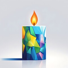Colorful geometric holiday candle with bright flame.