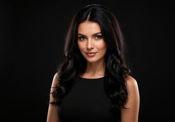 Naklejka premium Elegant woman with long dark wavy hair smiling at the camera. Professional studio headshot on a black background with copy space for text