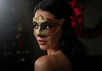 Elegant woman wearing an ornate red and gold carnival mask. Mysterious portrait on a dark background with copy space