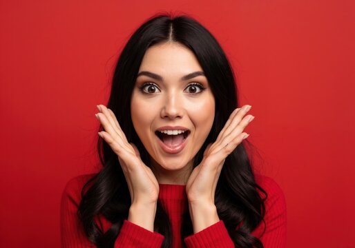 Surprised excited young woman with an open mouth and wow expression. Portrait of a happy brunette model on a red background for a sale or announcement - Powered by Adobe