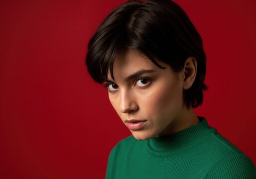 Close-up portrait of a confident young woman with short dark hair. Stylish model in a green top looking at the camera against a vibrant red background - Powered by Adobe