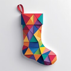 Geometric colorful Christmas stocking with mosaic-style segments.